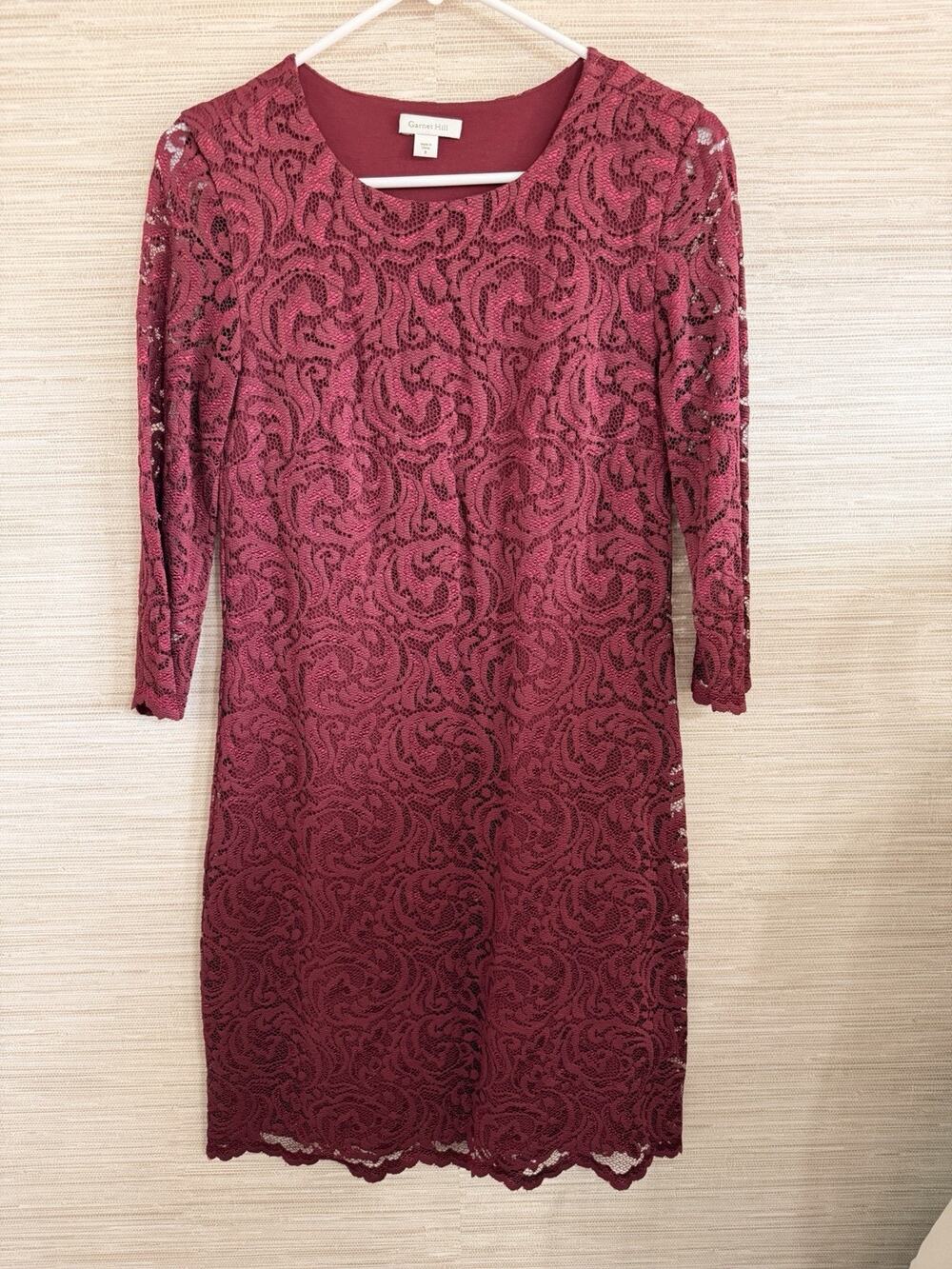 Garnet Hill Lace Dress 0 Wine 3/4 Sleeve Lined Formal Wedding Guest Cocktail